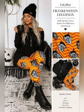 LuLaRoe Frankenstein Halloween Leggings Orange Yellow Zigzag Monster Print OS